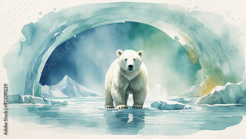  polar bear walking on ice. It's a watercolor painting with a circular, light blue background.