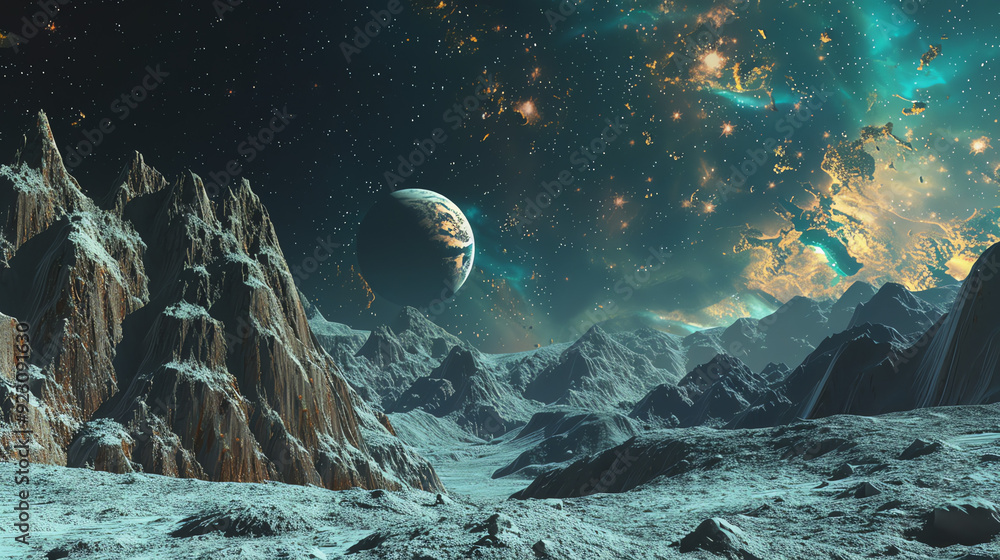 moonlit alien landscape with tall rocky mountains and a large, blue moon moonlit alien landscape with tall rocky mountains and a large, blue moon