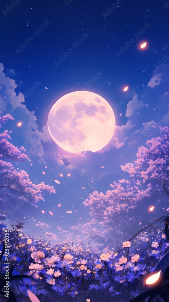 Fototapeta premium Enchanting Anime Autumn Fantasy: 2024,2025 Mid-Autumn Festival Scene with Floral Elegance. Creative Marketing, Children's Book Illustration, and 4K Wallpaper for Chinese National Day Celebration. AI