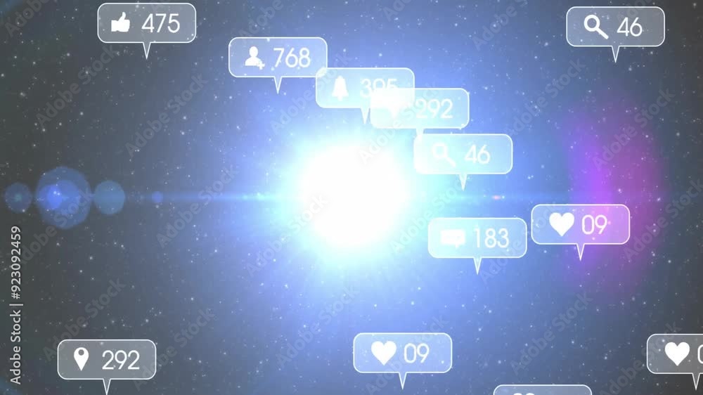 Social media notifications animation over bright light in starry background Social media notifications animation over bright light in starry background