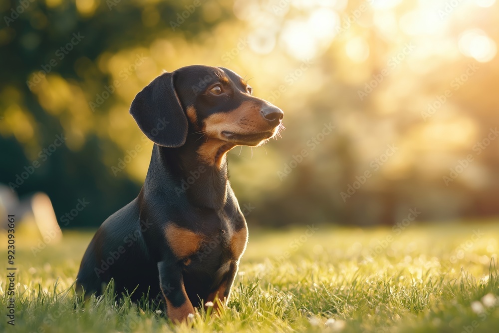 Cute dachshund sitting on a path in an summer park. Favorite pet Cute dachshund sitting on a path in an summer park. Favorite pet