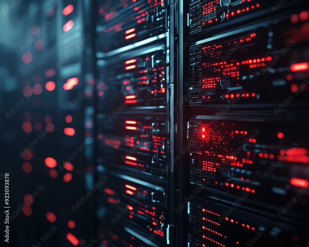 Obraz premium Close-up view of a data center server rack with illuminated components, showcasing modern technology and digital infrastructure.