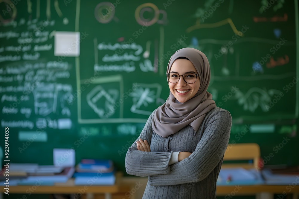 Confident Arab Teacher Smiling in Classroom Environment Setting Confident Arab Teacher Smiling in Classroom Environment Setting