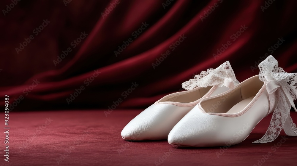 Ballet shoes with lace ribbons on burgundy velvet stage, representing femininity. Ballet shoes with lace ribbons on burgundy velvet stage, representing femininity.