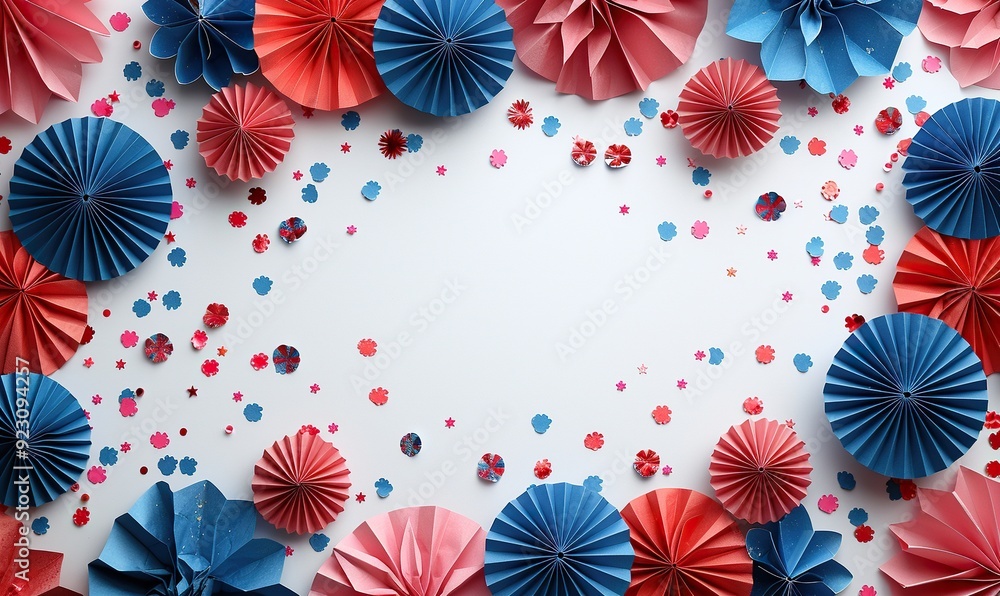 usa national holiday banner design red white,blue paper fans with confetti on white table flat lay top view happy american independence day labor day columbus day concept. usa national holiday banner design red white,blue paper fans with confetti on white table flat lay top view happy american independence day labor day columbus day concept.