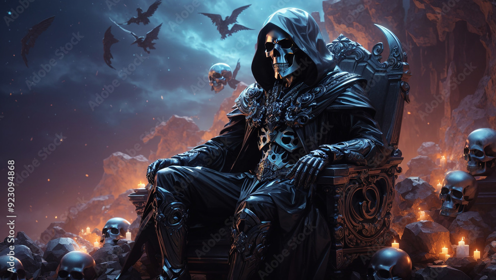 A figure in a dark cloak sits on a table with skulls and candles. The figure is holding a lit candle.
A figure in a dark cloak sits on a table with skulls and candles. The figure is holding a lit candle.