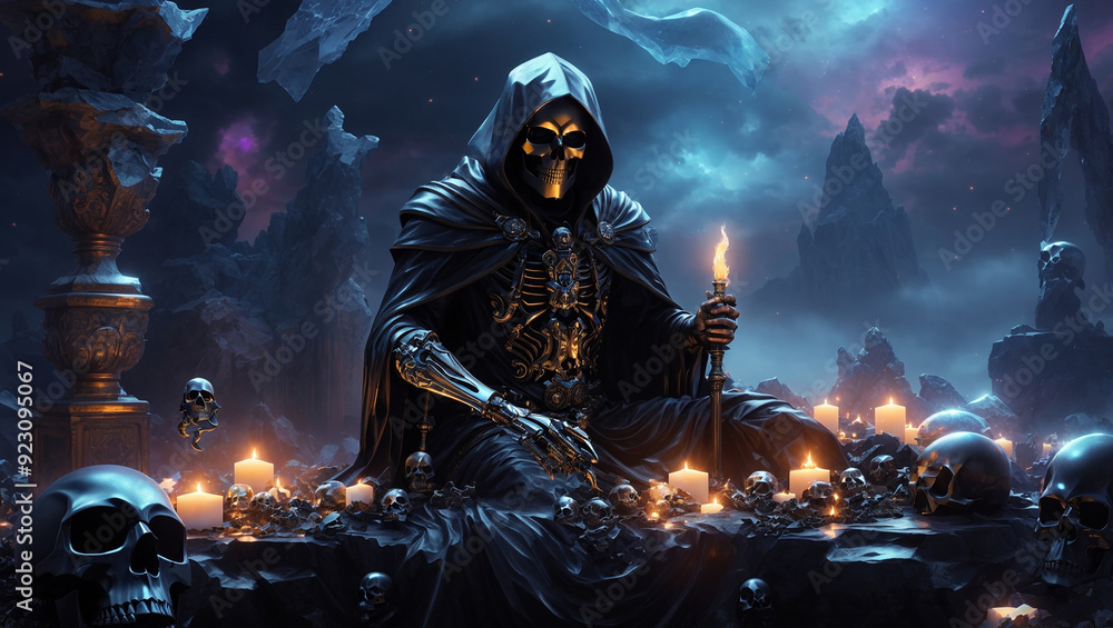 A figure in a dark cloak sits on a table with skulls and candles. The figure is holding a lit candle.
A figure in a dark cloak sits on a table with skulls and candles. The figure is holding a lit candle.
