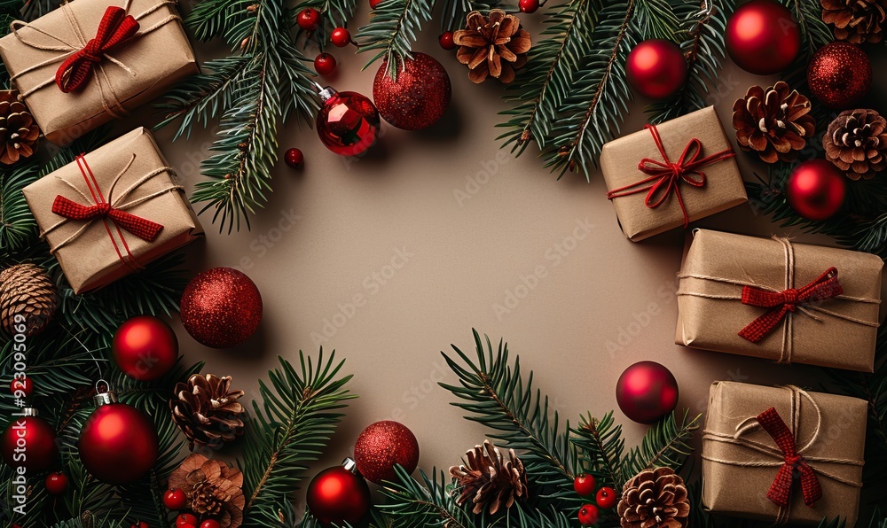 merry christmas vertical background with craft paper gift boxes fir branches red balls on beige table merry christmas,happy new year greeting card design flat lay top view copy space. merry christmas vertical background with craft paper gift boxes fir branches red balls on beige table merry christmas,happy new year greeting card design flat lay top view copy space.