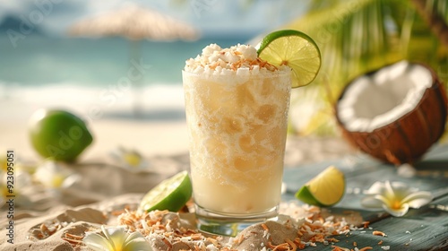 Refreshing Coconut Lulada on a Tropical Beach photo