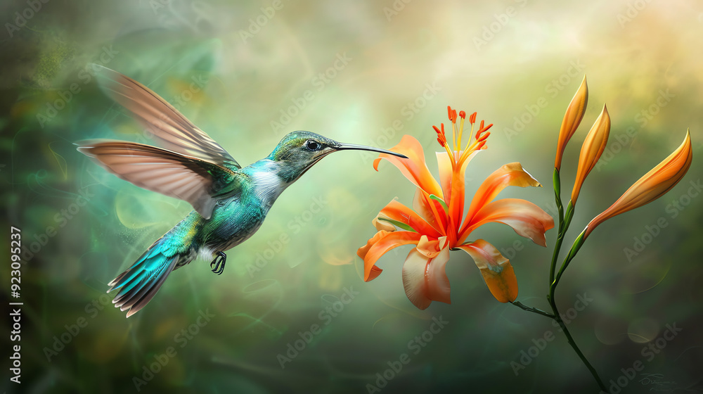 hummingbird drinking nectar from an orange flower hummingbird drinking nectar from an orange flower