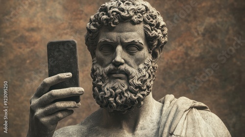 Antique stone statue taking selfie on phone , concept of Vintage art photo