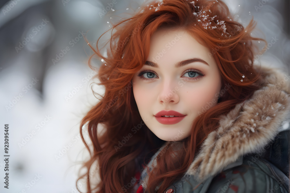 A woman with red hair and a fur coat is smiling A woman with red hair and a fur coat is smiling