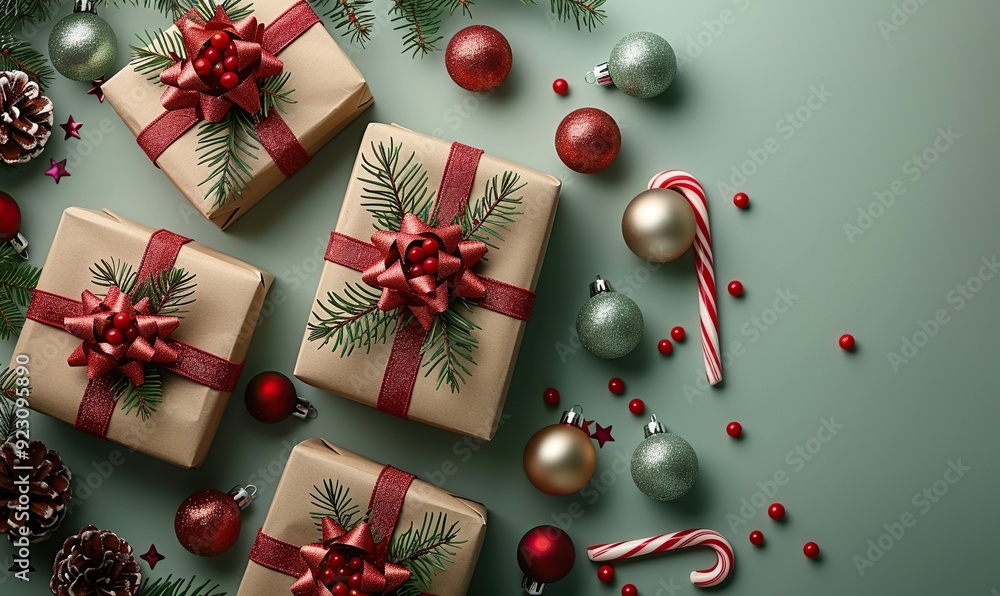 flat lay christmas gift boxes red,green baubles candy canes confetti on light green background. flat lay christmas gift boxes red,green baubles candy canes confetti on light green background.