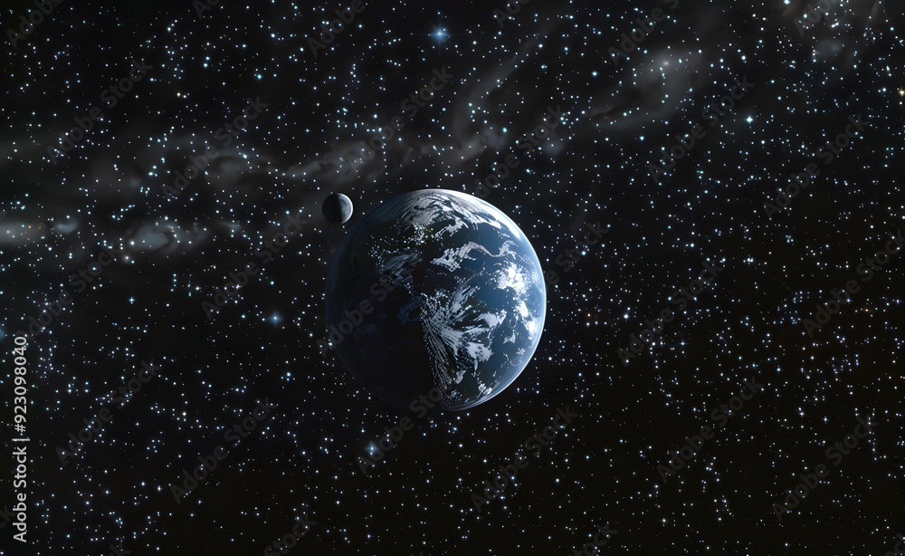 Wide shot of earth in space, with moon and stars in the background, black sky, Wide shot of earth in space, with moon and stars in the background, black sky,