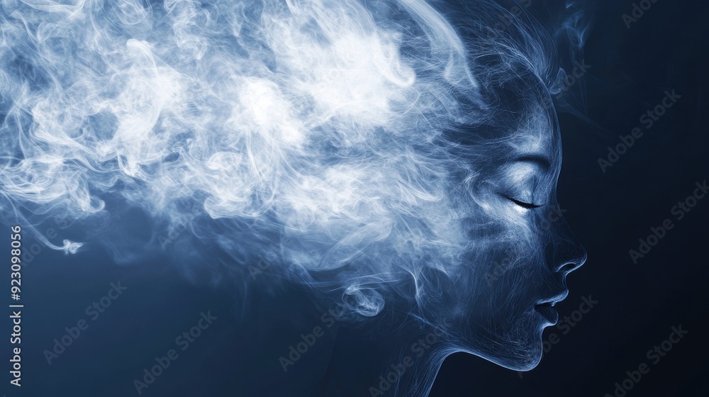 A human face distorted by swirling fire and enveloped in blue smoke, with a dreamy, psychedelic effect created through double exposure blending both elements A human face distorted by swirling fire and enveloped in blue smoke, with a dreamy, psychedelic effect created through double exposure blending both elements