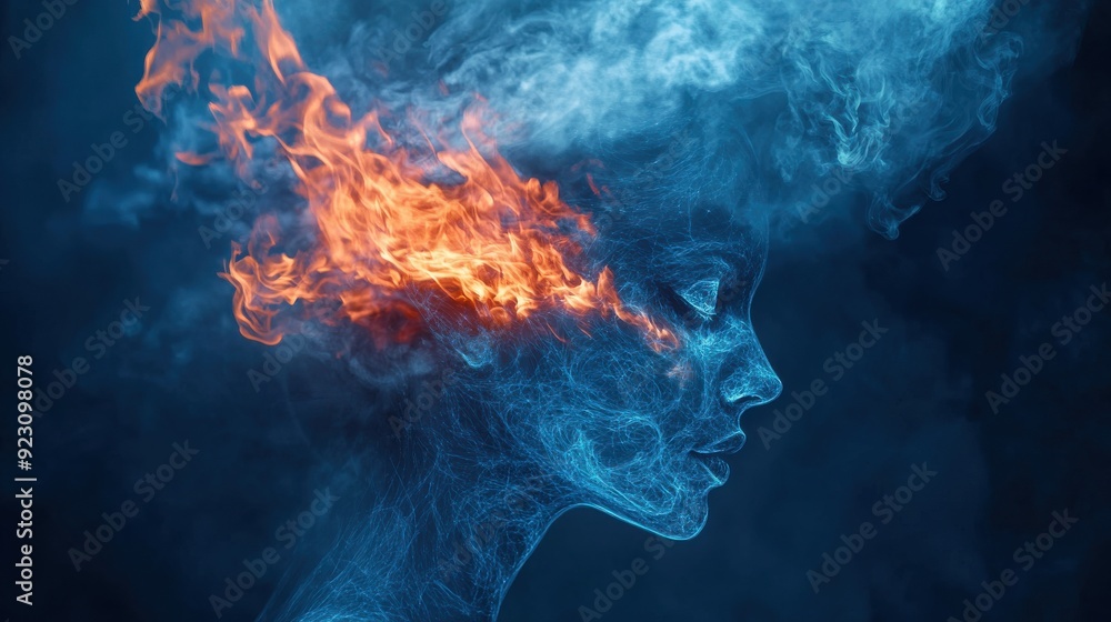 A human face distorted by swirling fire and enveloped in blue smoke, with a dreamy, psychedelic effect created through double exposure blending both elements A human face distorted by swirling fire and enveloped in blue smoke, with a dreamy, psychedelic effect created through double exposure blending both elements