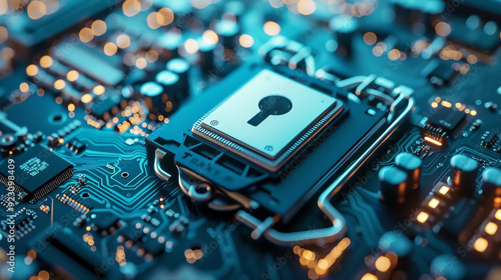 computer circuit board with a padlock on a processor computer circuit board with a padlock on a processor