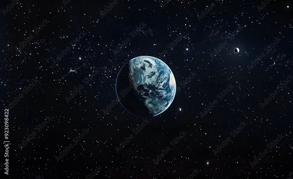 Wide shot of earth in space, with moon and stars in the background, black sky, Wide shot of earth in space, with moon and stars in the background, black sky,