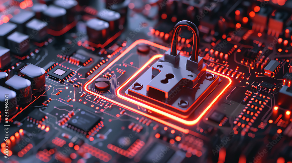 computer circuit board with a padlock on a processor computer circuit board with a padlock on a processor