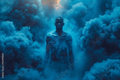 A human face distorted by swirling fire and enveloped in blue smoke, with a dreamy, psychedelic effect created through double exposure blending both elements