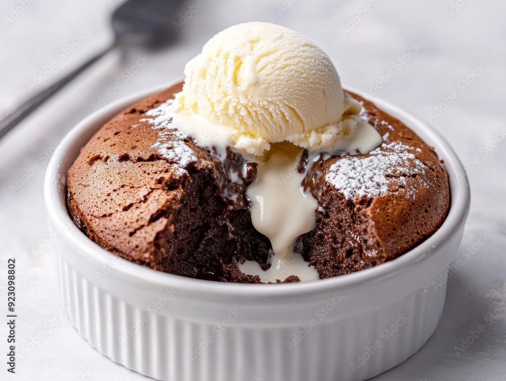A velvety chocolate soufflé is served with a scoop of vanilla ice cream melting beside it, creating the perfect dessert pairing. A velvety chocolate soufflé is served with a scoop of vanilla ice cream melting beside it, creating the perfect dessert pairing.