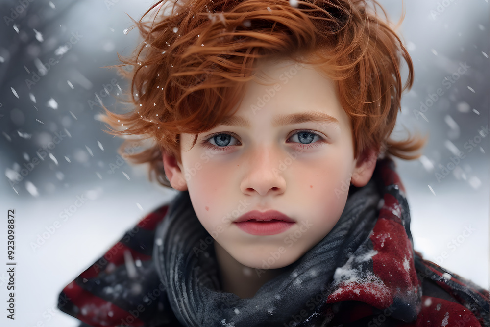 A young boy with red hair and blue eyes is standing in the snow A young boy with red hair and blue eyes is standing in the snow