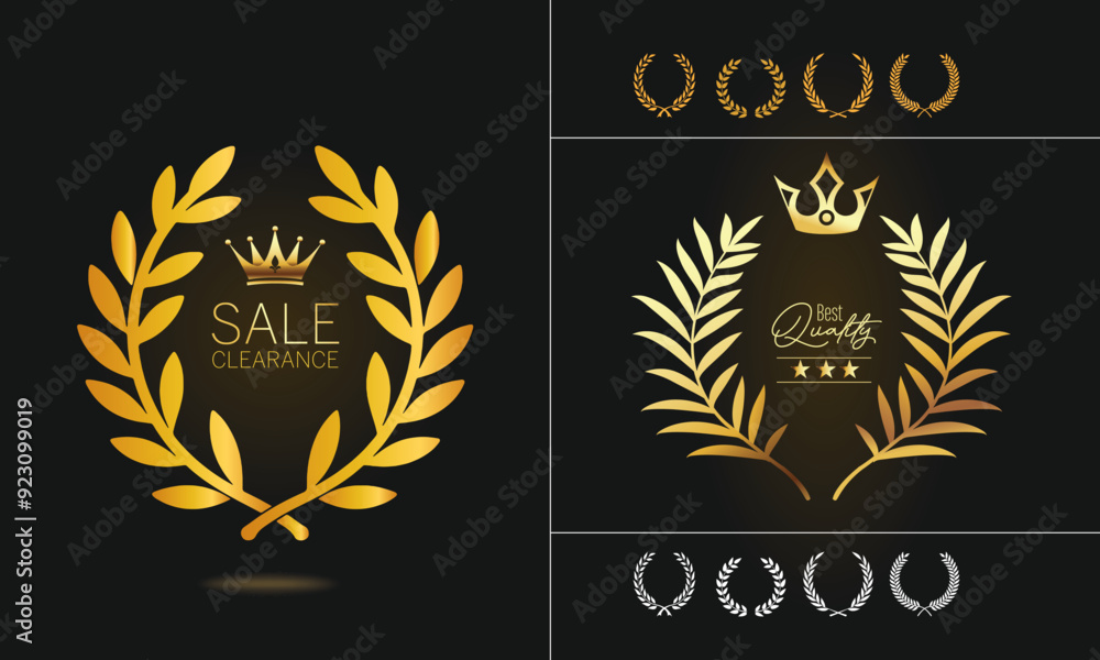 Golden luxurious Laurel wreath silhouette vector collection and Minimal colorful laurel sign vector icon logo design Golden luxurious Laurel wreath silhouette vector collection and Minimal colorful laurel sign vector icon logo design