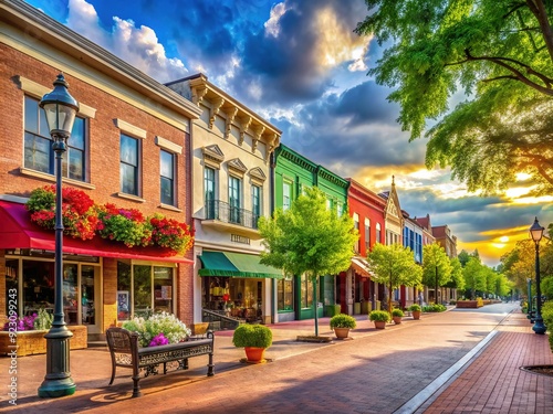 Fototapeta Naklejka Na Ścianę i Meble -  American South Main Street charm historic square park summer sidewalk concrete storefronts antique shops greenery vibrant colors warm atmosphere architecture nostalgic rural town 