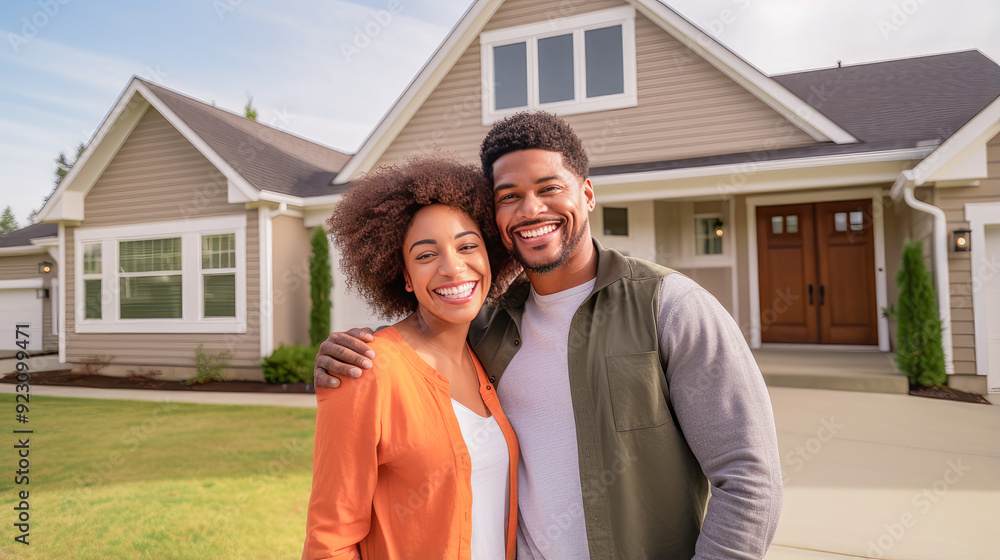 Happy young African American couple against the backdrop of their new home in the yard. Happy young African American couple against the backdrop of their new home in the yard.