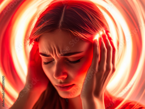 Young woman suffering from headache, migraine or stress. Headache concept.