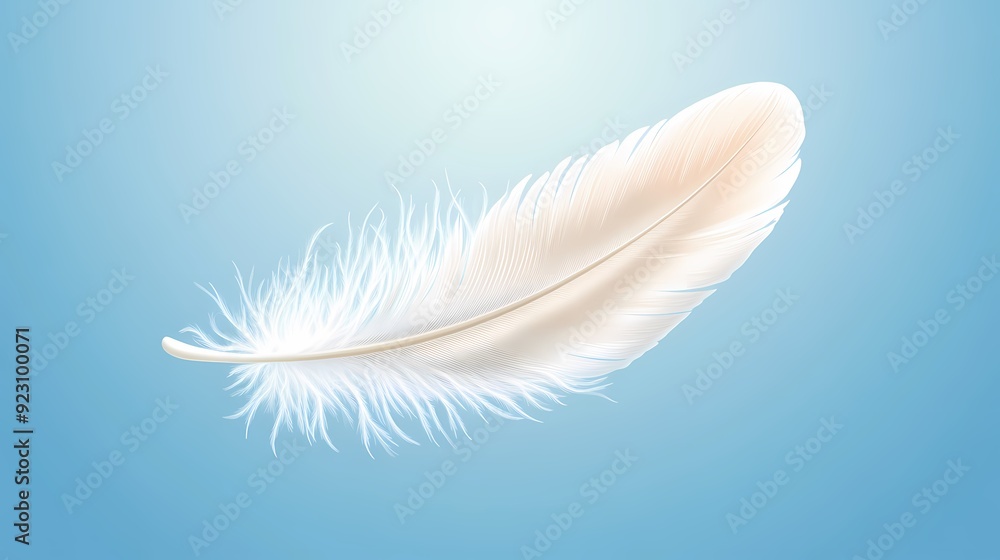 Fototapeta premium A single white feather floats against a light blue background.