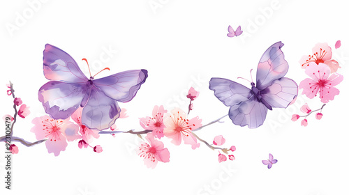 watercolor illustration of purple butterflies and cherry blossom on white background. Watercolor botanical painting