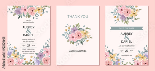 wedding invitation set with pink purple yellow floral watercolor