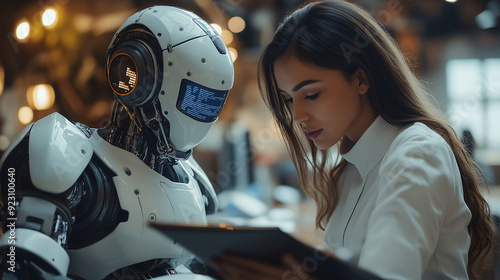 A humanoid robot and a human professional working together at a modern office desk, reviewing digital data on a computer screen