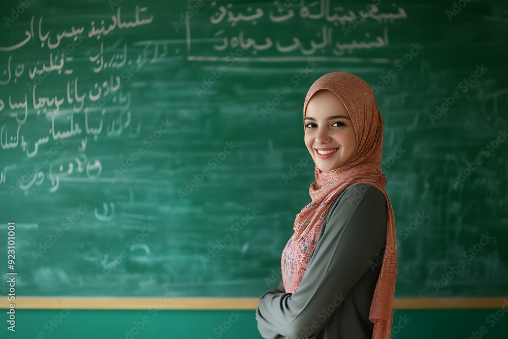 Confident Arab Teacher Smiling in Classroom Environment Setting Confident Arab Teacher Smiling in Classroom Environment Setting