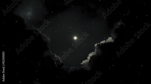 A single bright star shines through a cloud of darkness in a night sky filled with distant stars. photo