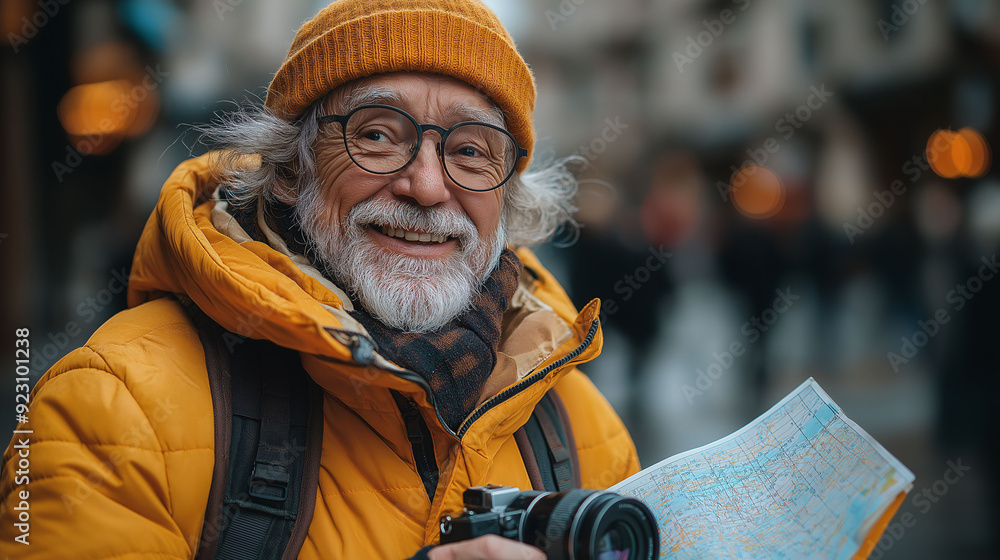 An older individual, equipped with a camera and a map, is exploring a famous landmark or vibrant city. The excitement and curiosity are evident as they take in new sights and experiences An older individual, equipped with a camera and a map, is exploring a famous landmark or vibrant city. The excitement and curiosity are evident as they take in new sights and experiences