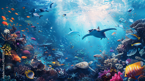 vibrant underwater scene with sunlight shining through the water, revealing coral reefs and colorful fish