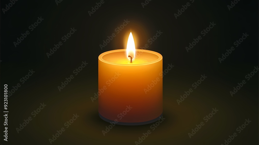 A single burning candle with a yellow flame illuminates a dark room. A single burning candle with a yellow flame illuminates a dark room.
