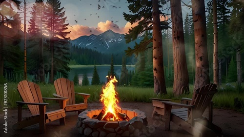 A campfire in the middle of a pine forest with some wooden chairs, Comfortable and relaxing atmosphere while camping. Seamless 4K looping timelapse video animation