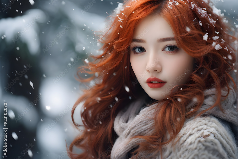 A woman with red hair and red lipstick stands in the snow A woman with red hair and red lipstick stands in the snow