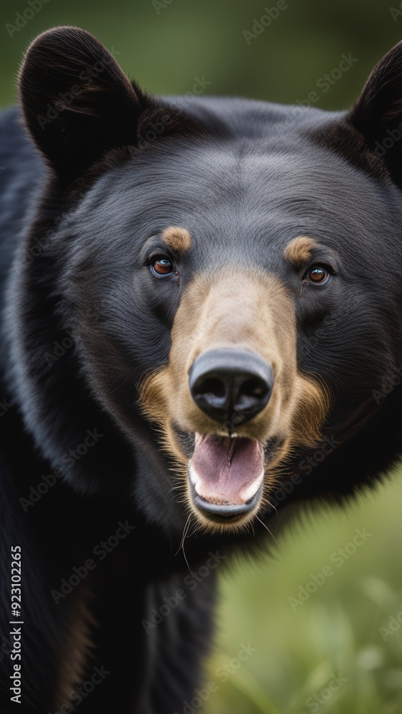 A close-up of a brown bear with open alert eyes and slightly parted mouth set against a blurred natural background. A close-up of a brown bear with open alert eyes and slightly parted mouth set against a blurred natural background.