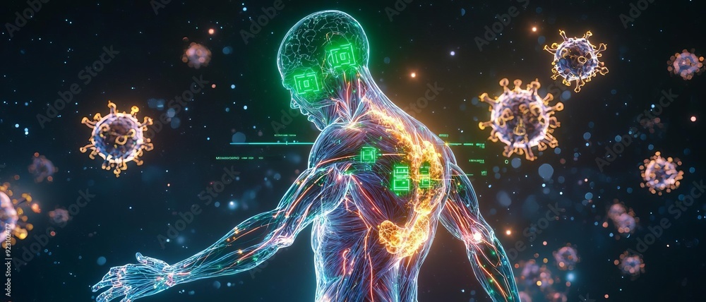 A medical hologram displaying a human anatomy affected by Monkeypox A medical hologram displaying a human anatomy affected by Monkeypox