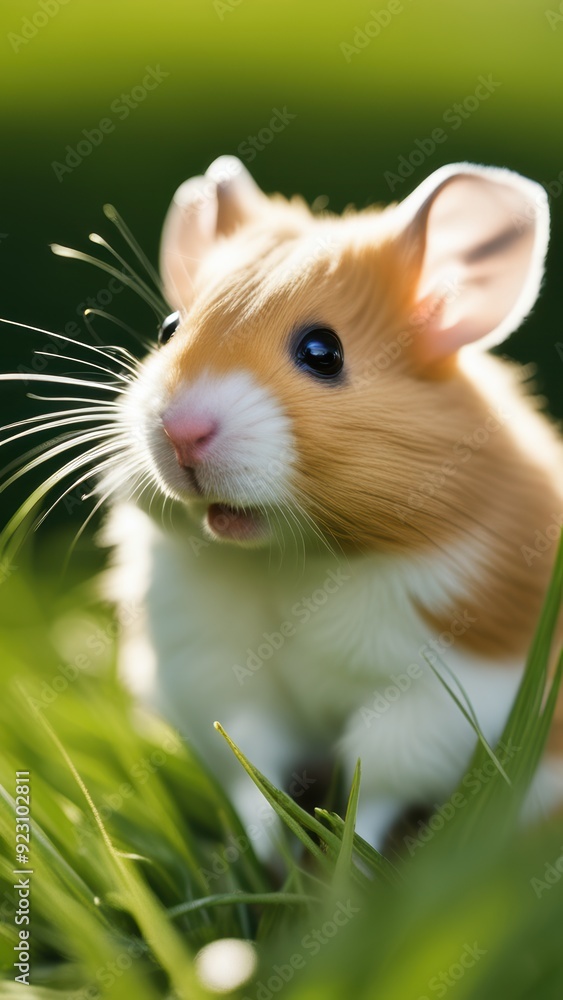 Small brown hamster with orange highlights stands on grassy ground looking at camera. Small brown hamster with orange highlights stands on grassy ground looking at camera.