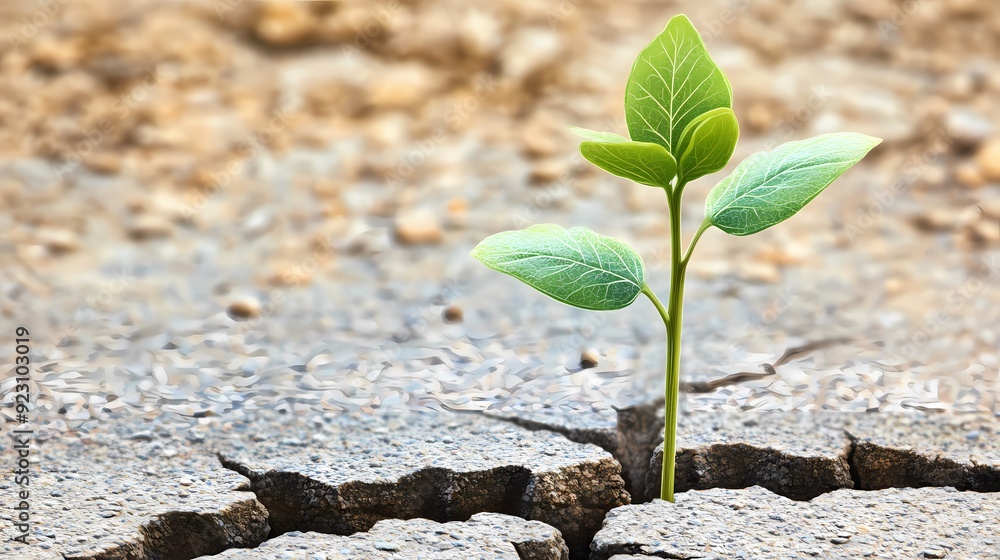 A small plant with vibrant green leaves pushes through a crack in the dry, cracked ground. A small plant with vibrant green leaves pushes through a crack in the dry, cracked ground.