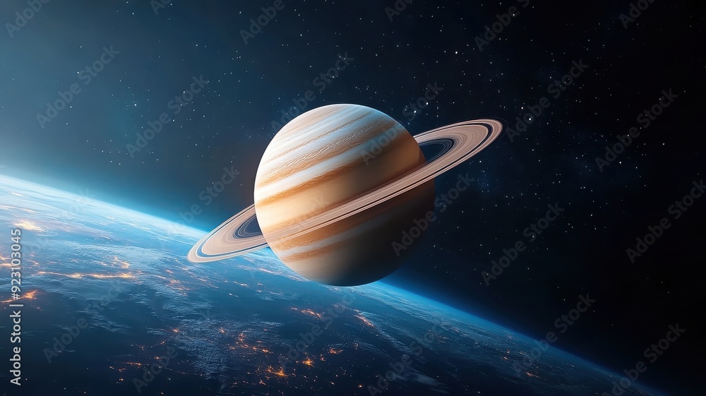 Ringed planet with nebula and stars in the background. Ringed planet with nebula and stars in the background.