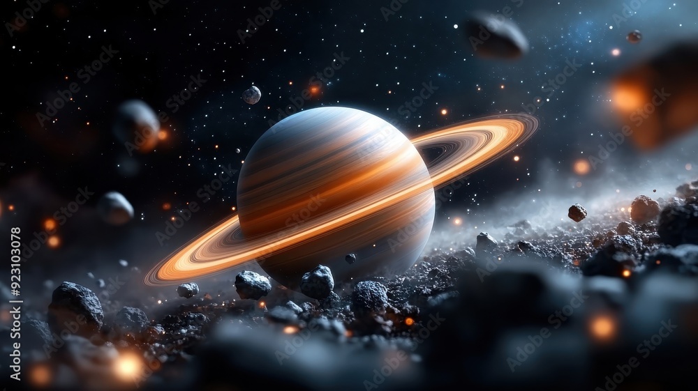 Naklejka premium Ringed planet with nebula and stars in the background.