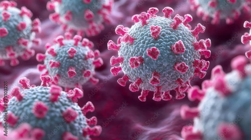 Abstract depiction of monkeypox virus interacting with human cells, showcasing the biological interaction and infection process, Virus and Cells, Scientific Visualization Abstract depiction of monkeypox virus interacting with human cells, showcasing the biological interaction and infection process, Virus and Cells, Scientific Visualization