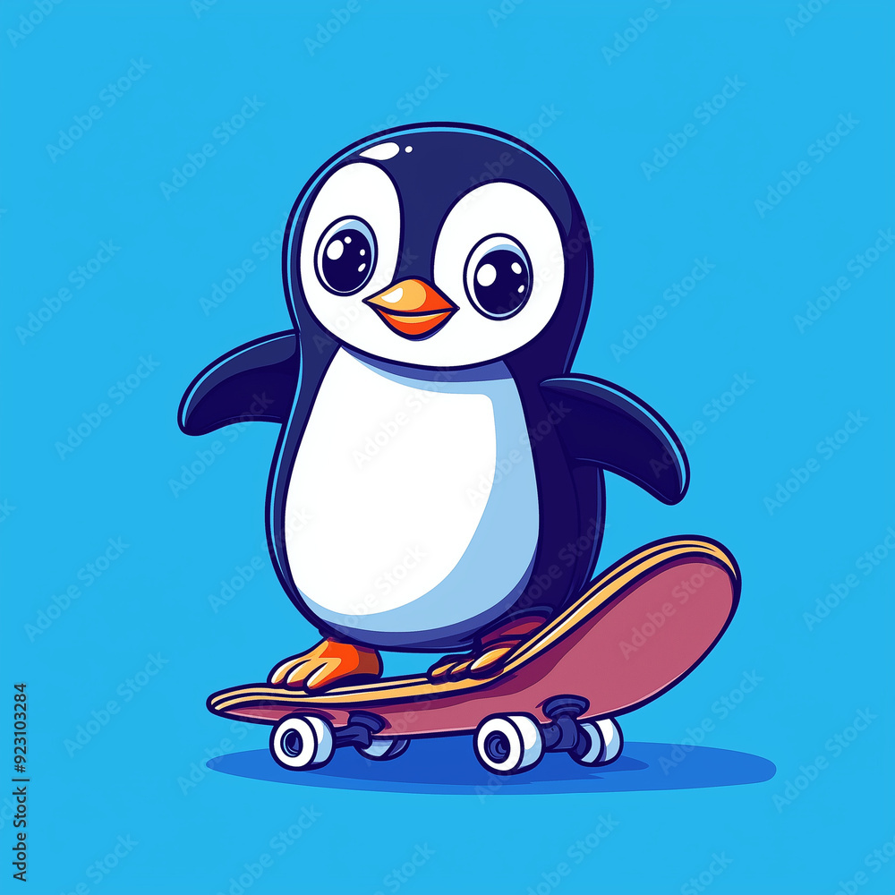 Obraz premium Skater Penguin Chic: Holding a Skateboard with T-Shirt Graphics