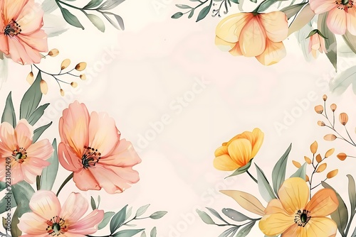 Watercolor floral frame background pastel colors, simple design, flat illustration, white space in the center of the picture,